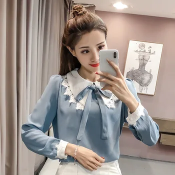 

2020 Spring New Arrival Super Fairy Lace Stitching Peter pan Collar Loose Long Sleeve Chiffon Blouse With Bow Free Shipping