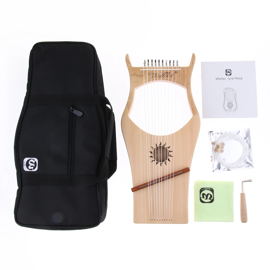 Tooyful Exquisite 10 Strings Lyre Harp Harfe Arpa with Tuning Key Storage Bag Strings Cleaning Cloth String Instrument