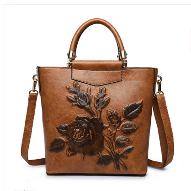 

Women Leather Handbag Vintage Bucket Bags Embossing Printing Retro Designer Floral Handbag 2018 Luxury Tote Bag High quality