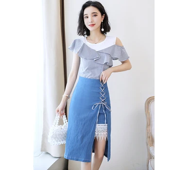 

women's two piece suit sets Stripe shirt + denim half-length skirt two-piece suit skirt new style in summer 2019