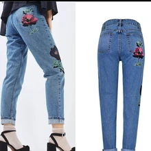 Женские свободные прямые джинсы с высокой талией в европейском и американском стиле ретро 3D цветы брюки с вышивкой синие джинсовые брюки 2554