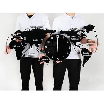 

World Map Large Wall Clock Modern Design 3D Stickers Hanging Clock Glowing In Dark Unique Watch Wall Clocks Home Decor Silent