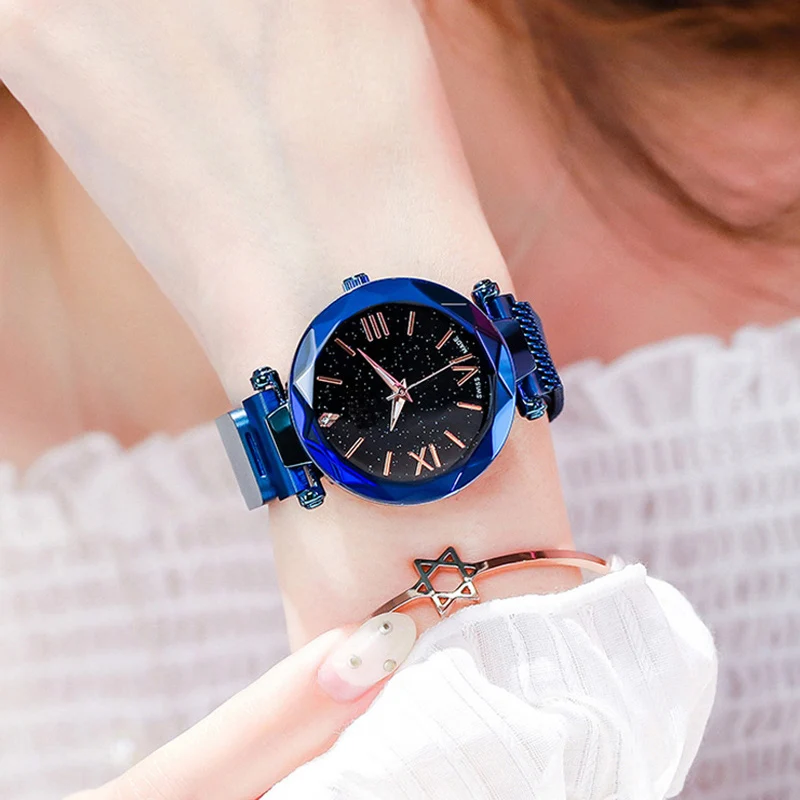 

Reloj mujer Small Magnet Wristwatch Blue Ladies Watch Fashion Women Wrist Watch Luxury Brand Starry Sky Clock Female reloj 2019