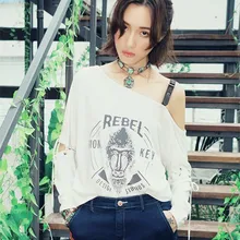 Aporia. As весна лето женская сексуальная уличная Новинка индивидуальность Наклонный без бретелек шнуровка длинный рукав хлопок свободная футболка Топы