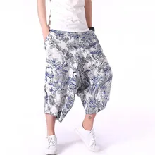 Мужские летние шаровары с принтом в стиле ретро, брюки с заниженным шаговым швом, хлопковые брюки, мужские Мешковатые Свободные мужские повседневные штаны большого размера