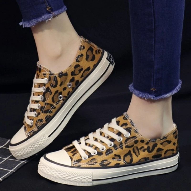 SJJH Women Canvas Leopard Sneakers High Low Top Comfortable Shoes Vulcanize Flats Casual Chaussure Lace-up Ladies Footwear D004