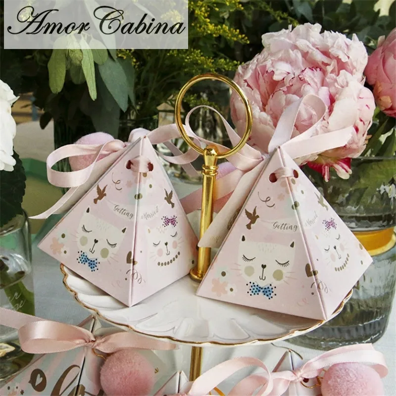 Двухсторонняя креативная розовая коробка для конфет с рисунком кота, пирамиды, Свадебные вечерние принадлежности, Подарочная коробка для детского душа