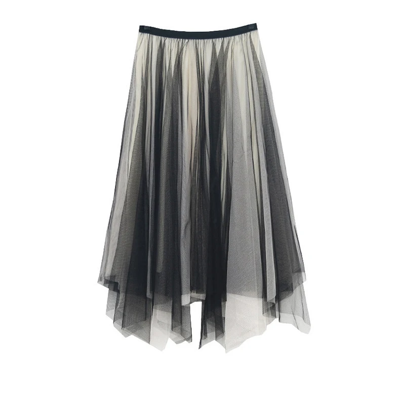 

Women 2019 Spring Summer Gradient Medium and long section high waist stitching Irregular Pettiskirt A-line Pleated School Skirt