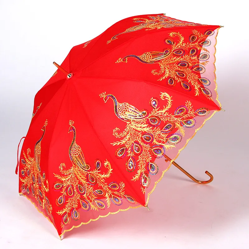 

Wedding Double-layer Lace Umbrella Peacock Open Screen Embroidered Bride Umbrella Fashion Long Handle Hi Red Umbrella