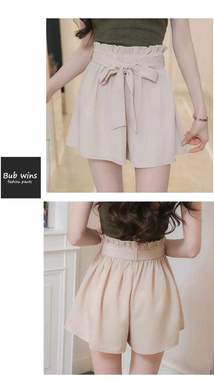 Summer Fashion Women Shorts High Waist Brown Chiffon Shorts Female Bow Elastic Waist Wide Leg Shorts Ladies Cortos Mujer 2018 (5)