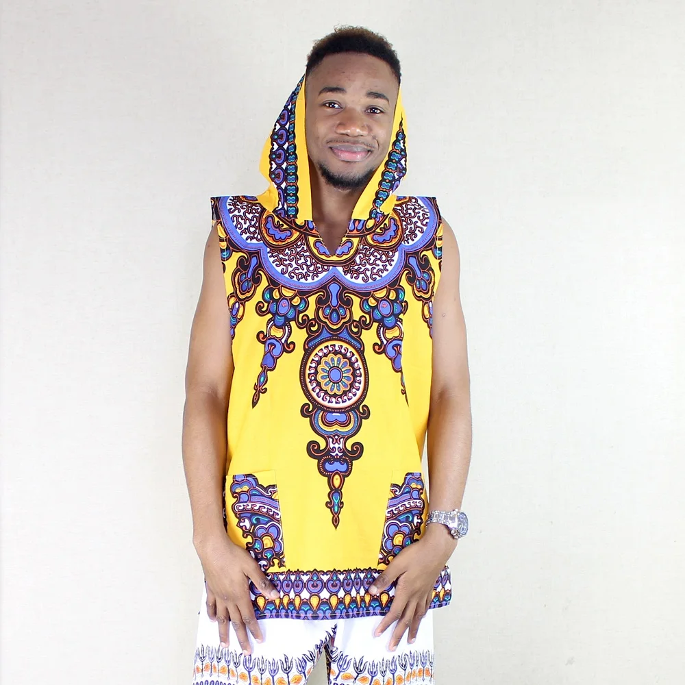 

100% Cotton Sleeveless yellow Pockets African Dashiki Shirt With Hood Men African Clothes