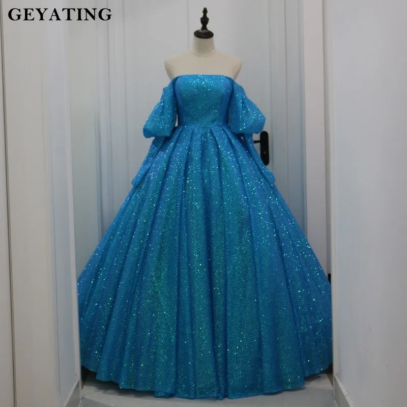 Роскошное голубое платье Золушки с блестками Пышное Бальное 2020 Vestido de 15 anos