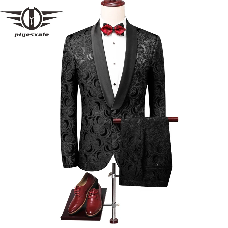 Plyesxale Floral Print Suit Men 2018 Slim Fit Mens Shawl Collar Suit Black Wedding Suits For Men