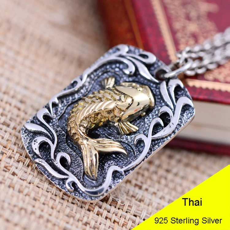 

925 Sterling Silver Retro Carp & Cyprinoid Necklace Pendant Men Thai Silver Fine Jewelry Gift CH058509