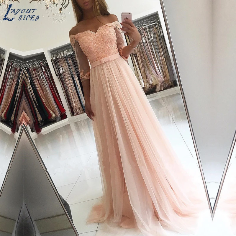 

SHJ584 Hot Sale Prom Dresses 2019 A-line Half Sleeve Tulle Lace Beaded Women Party Sweetheart Chiffon Robe De Soiree