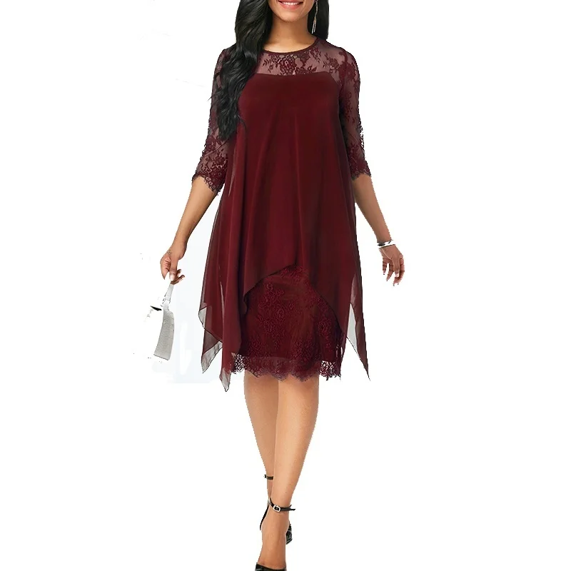 

Women's Dress New Fashion Chiffon Dresses Seven Quarter Sleeve Irregular Hem Lace Dress Plus Size Women Clothing