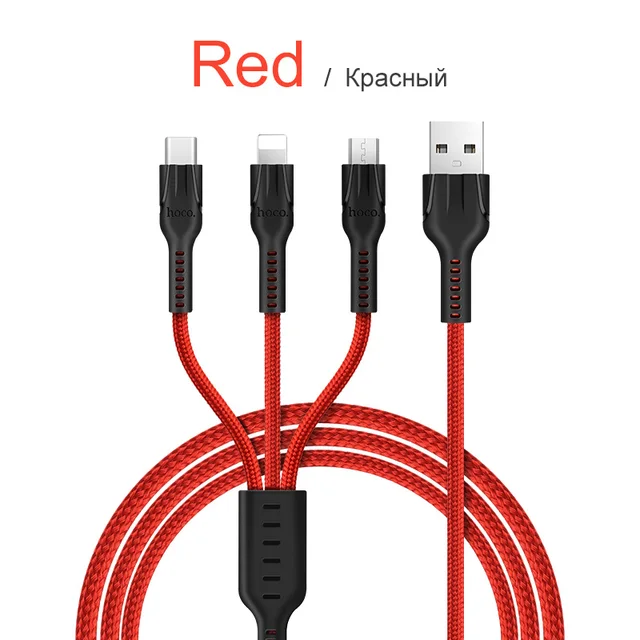 HOCO 3in1 USB Charger Cable For iPhone 11 Pro X 5 6 7 8 Android Micro USB Cable Type C For Samsung Xiaomi  Phone USB Data Cable Red