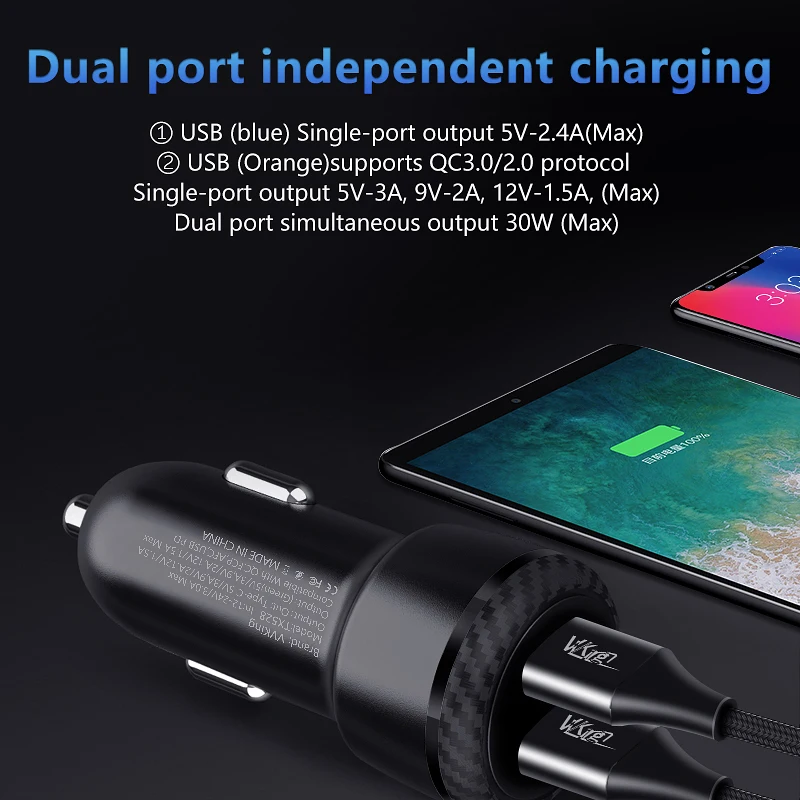 Автомобильное зарядное устройство VVKing быстрая зарядка 3 0 2 USB QC3.0 + 2.4A 30 Вт для iPhone