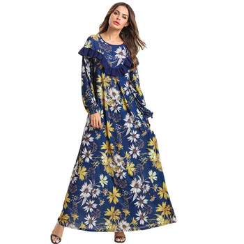 

Summer European and American fashion ruffled patch dress Muslim ladies robes long sleeve round neck print thin section dress