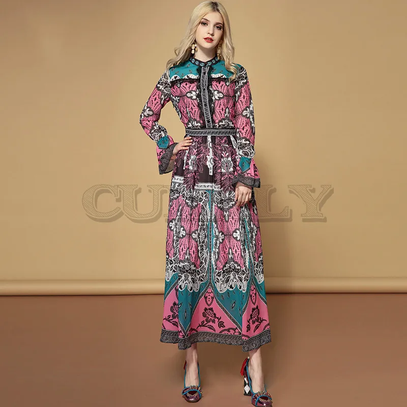 Image CUERLY Fashion Runway Holiday Long Dress Party Women s Flare Sleeve Lace Patchwork Multicolor Floral Print Vintage Dress