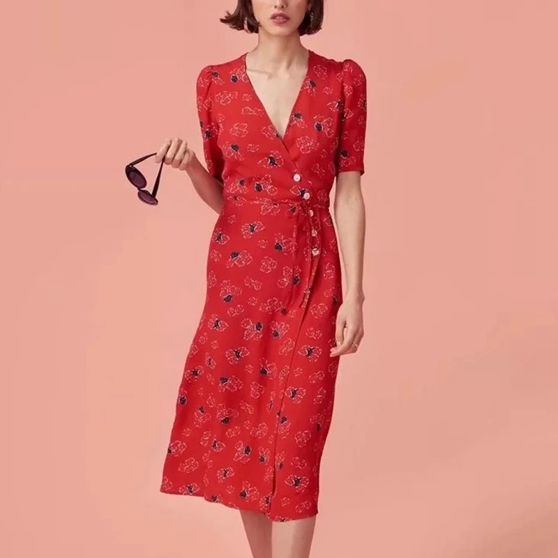 Летнее платье миди с запахом, элегантное богемное винтажное красное пляжное платье с цветочным рисунком, v-образный вырез, сексуальное повседневное Ретро корейское вечернее платье - Цвет: Красный