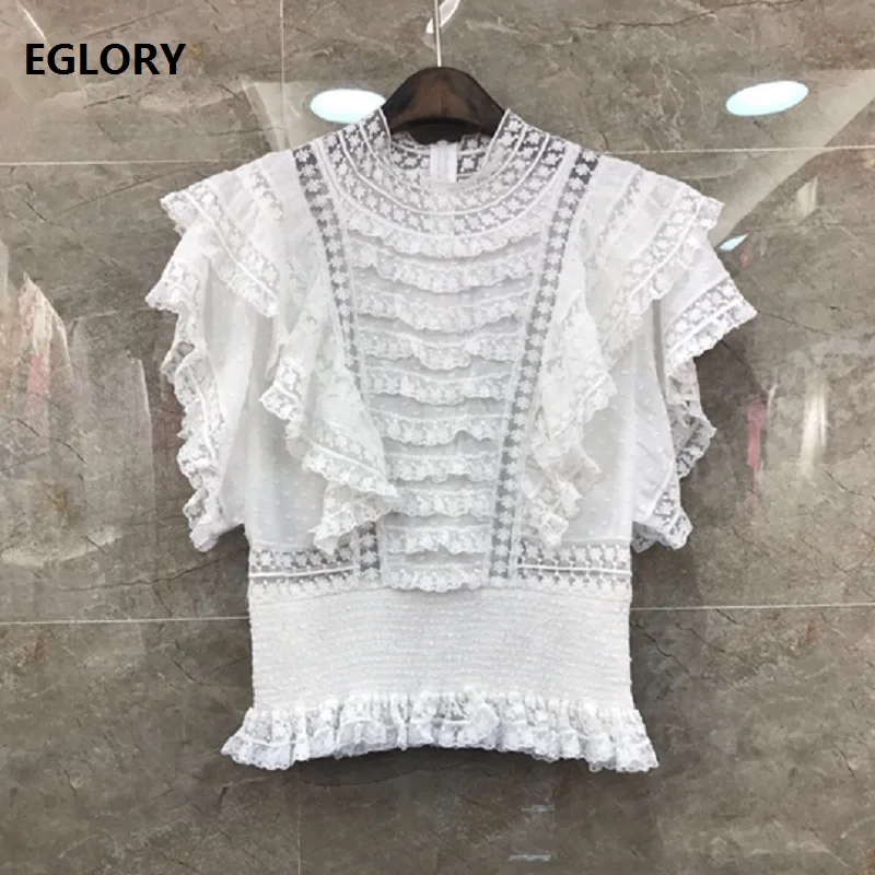

100%Cotton Blouse 2019 Spring Summer Ruffle Tops Women Hollow Out Lace Embroidery Patchwork Slim Ladies White Black Lace Tops