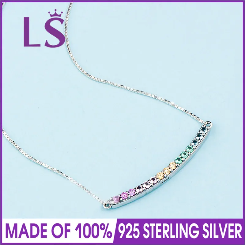 

LS 2018 New 100% 925 Sterling Silver Multi-Colored Curved Bar Necklace Women Original Fine Jewelry Women Christmas Gifts.