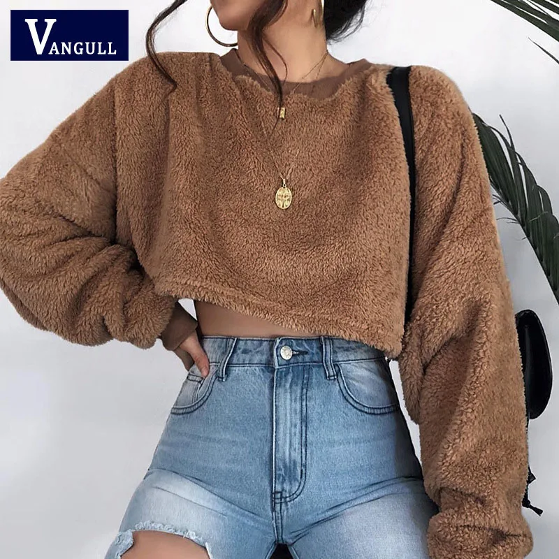 

Vangull New Winter Faux Fur Hoodies Sweatshirts Women Autumn Long Sleeve Warm Lambswool Loose Cropped Pullovers Coats Oversize