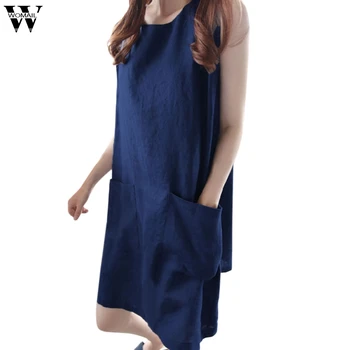 

Womail dress Summer Dress Sleeveless O-neck Sleeveless Solid Loose Pockets Cotton Linen Casual Dress Elegant fashion 2019 M12