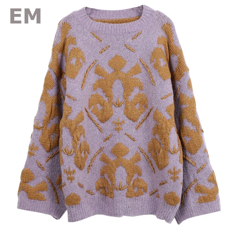 EHMAXRTH Brand Luxury Designer 2017 New Fashion Knitted Pullover Women Print Embroidery Blouse Purple Warm Sweater Runway E8449 | Женская