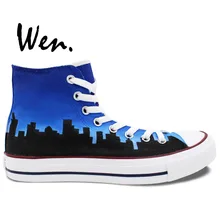 Wen Design Custom Hand Painted Shoes Chicago Flag City Skyline Men Women’s Blue High Top Canvas Sneakers