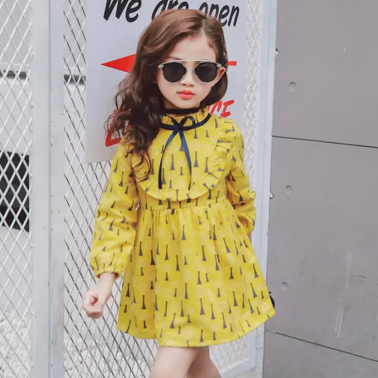 Yellow floral toddler dress long sleeve baby girl korean style princess