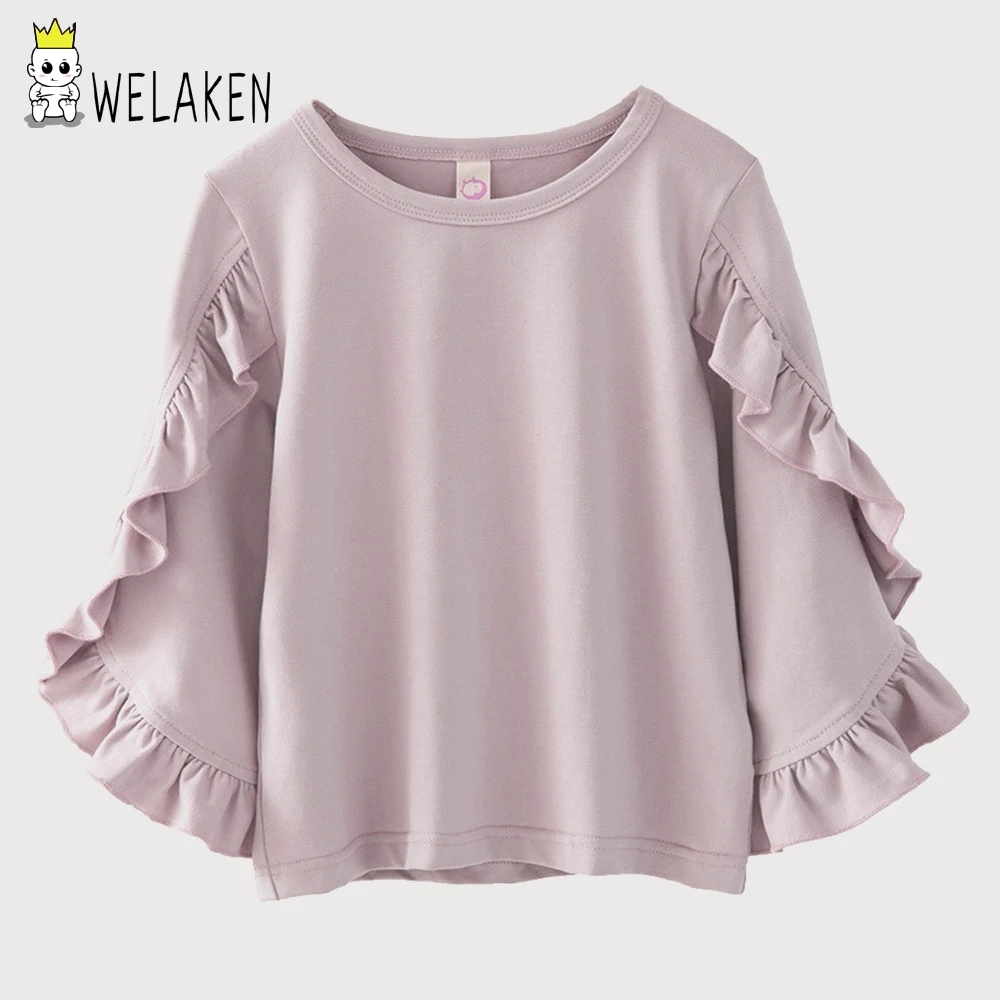 Beste WeLaken 2018 Lente Meisjes T shirts Verstoorde Lange Mouwen Tops Peuter O hals Casual Shirts Kinderkleding Soild Katoen Doek