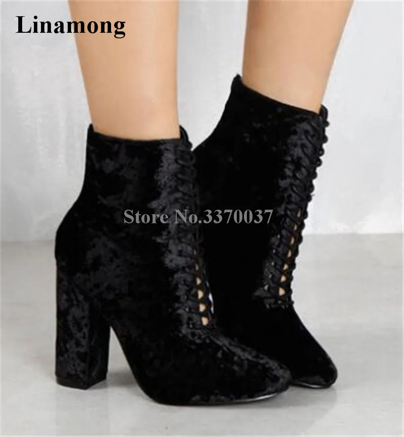 Botines de tacón grueso con cordones y punta redonda, botas cortas  elegantes de terciopelo negro, zapatos de vestir, novedad de 2018|Botas  hasta el tobillo| - AliExpress