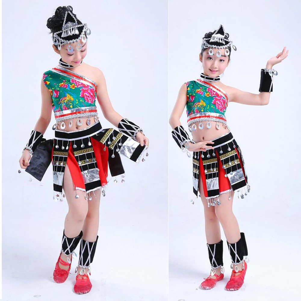 Головной убор с блестками для девочек Hmong китайские национальные танцевальные костюмы дети представление танцы одежда фестиваль наряды Топы юбка