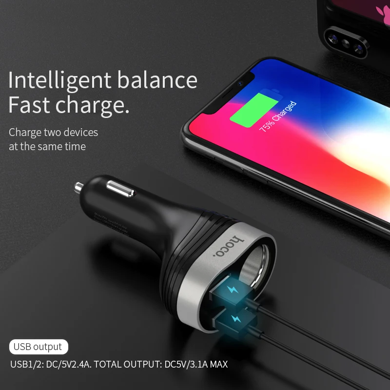 HOCO واحد مقبس شاحن سيارة 2 USB سيارة ولاعة السيجار ل فون سامسونج Xiaomi الجهد الحالي عرض السيارات الفاصل سيارة-شاحن