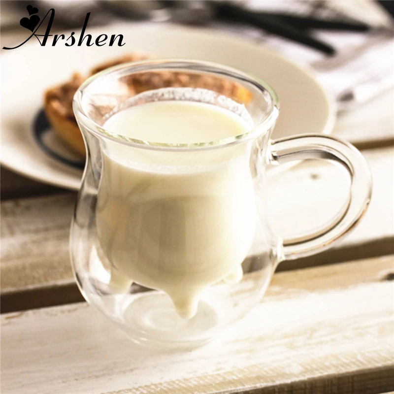 

Arshen 350ml Transparency Handmade Double-layer Cow Milk Glass Mug Jar Heat Resistant Home Office Milk Coffee Tea Mug Gift