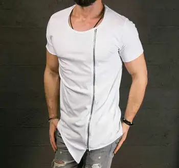 

2018 Men's Fashion Show Stylish Long T shirt Asymmetrical Side Zipper Big Neck Short Sleeve T-shirt Male Hip Hop T-shirt