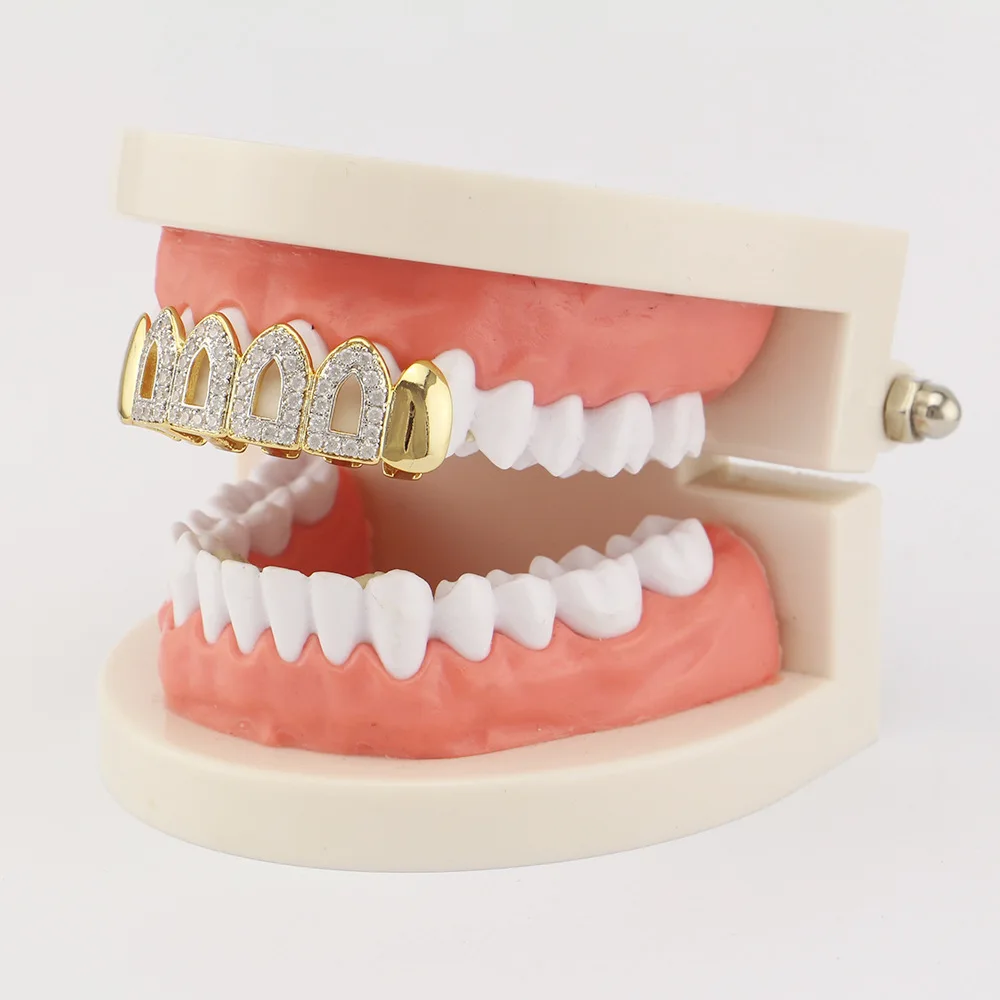 Factory Bottom Price Gold Color Teeth Grillz CZ Paved Bottom Grills Hip-hop Tooth Dental Grills US UK Popular Teeth Caps Jewelry (5)