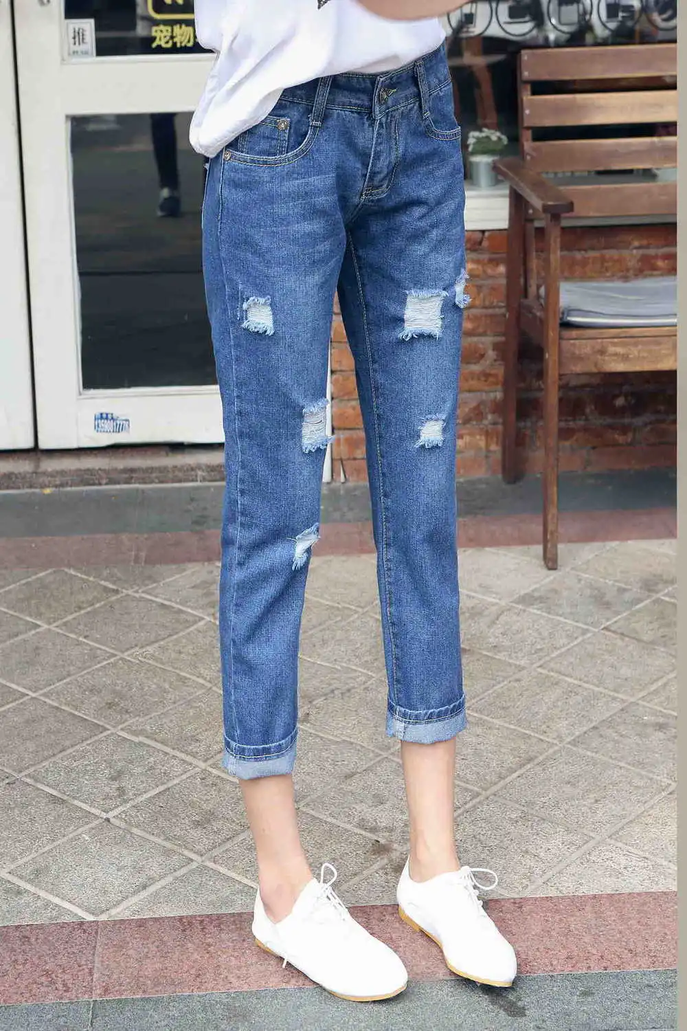Рваные джинсы для женщин, большие размеры, женские джинсы с завышенной талией, джинсы с восьмыми дырками, женские джинсы для женщин в стиле бойфренд - Цвет: Синий