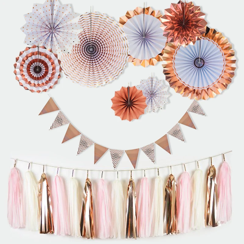 

1 set Rose Gold Party Decoration Kits Foil Rose Paper Garland 8 Rosette Backdrop Happy Birthday Banner for Wedding Baby Shower