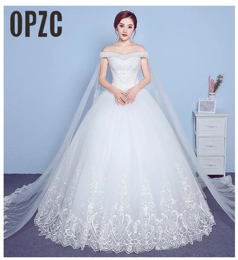 

Lace Appliques Big Embroidery Wedding Dress 2020 New Arrival Sexy Boat Neck Off the Shoulder Korean Plue Size vestido de noiva
