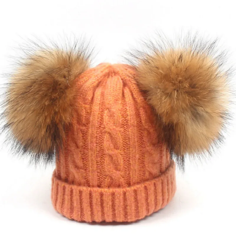 Модный комплект из натуральной шерсти, веревочная вязаная Шапочка, шарф для детей, теплая шерстяная шапка, помпон из меха енота, зимний шарф - Цвет: orange