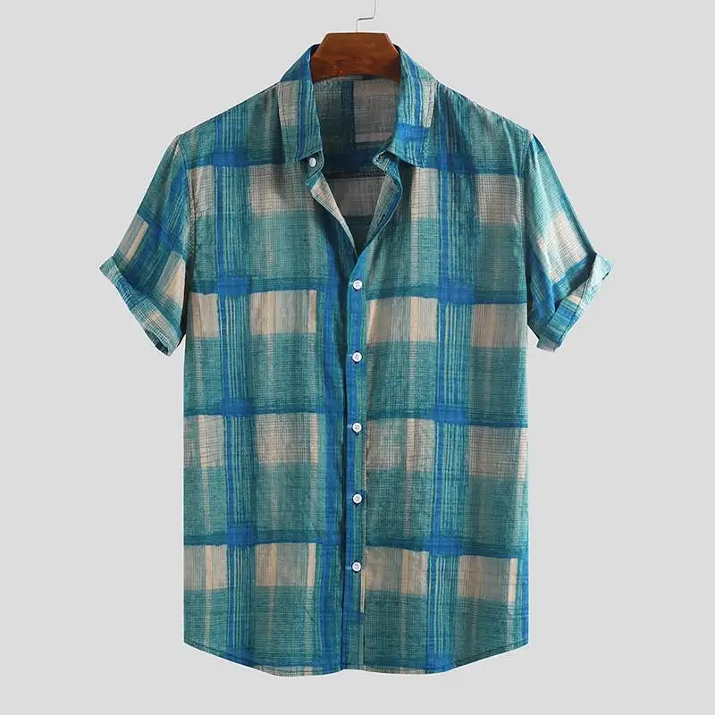 Винтажная Клетчатая Мужская рубашка с коротким рукавом, с отворотом на шее, на пуговицах, дышащая, для отдыха, мужские повседневные брендовые рубашки, гавайская пляжная блуза - Цвет: Green Shirt