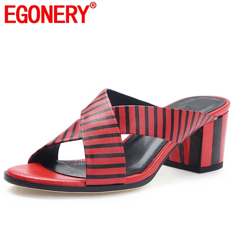 

EGONERY cow leather woman slides summer fashion Striped floral print pigskin insole slippers sexy 5cm med heels mules sandals