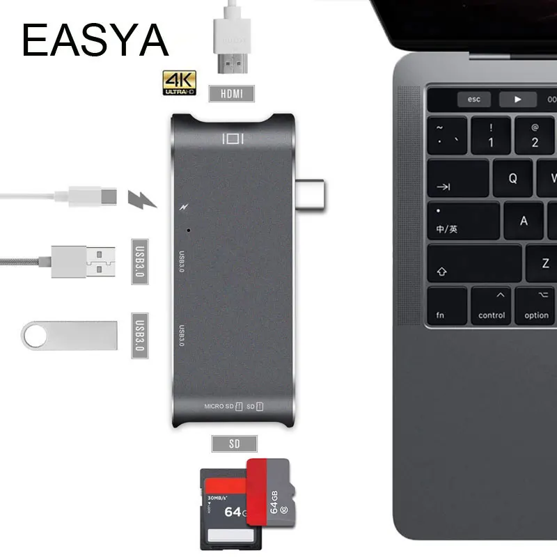 

EASYA Wholesale Thunderbolt 3 USB Type-C Hub to HDMI Adapter 4K USB C HUB Dock with PD USB 3.0 Hub for Macbook Pro 10 pieces/lot