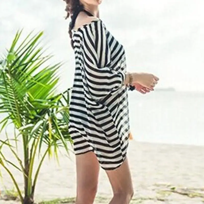 JHO-женский купальник бикини, Пляжное платье, большой размер, шифон, купальный костюм в черно-белую полоску