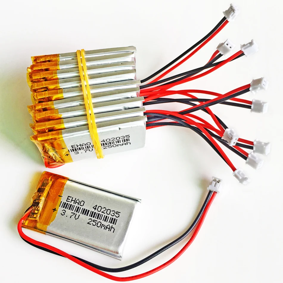 Lot 10 PCS 3.7V 250mAh Lithium Polymer LiPo Rechargeable Battery 402035 + JST 1.5mm 2pin Plug For Mp3 GPS Bluetooth Headset | Электроника