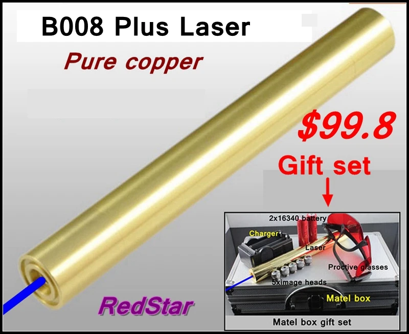 [ReadStar]RedStar B008 Plus high burn match Copper Blue Laser pointer Gold plating metalbox include 2x16340 battery & charger