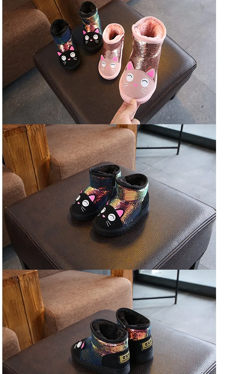 Новое поступление; Милая зимняя обувь с рисунком кота и блестками для девочек; Плюшевые ботинки для девочек до 3 лет; теплые детские зимние сапоги; детская обувь
